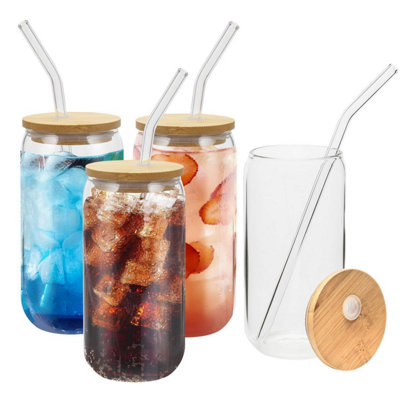 Set of 4 Can-Shaped Glass Cups (16oz) with Bamboo Lids and Glass Straws ...