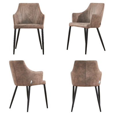 Set of 4 Cappuccino Zarah Modern Faux Leather Dining Chairs with Armrests and Black Metal Legs, Comfortable Accent Chair