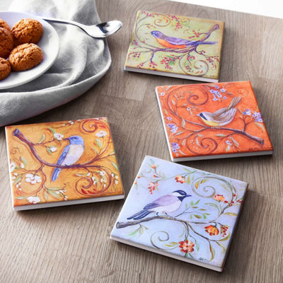 Set of 4 Ceramic Bird Coasters Matt Finish, Illustrated Garden Birds ...