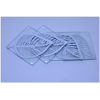 Set of 4 Clear Glass Leaf Printed Coaster 10x10