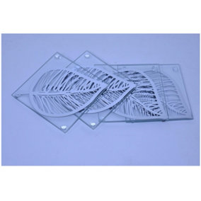 Set of 4 Clear Glass Leaf Printed Coaster 10x10