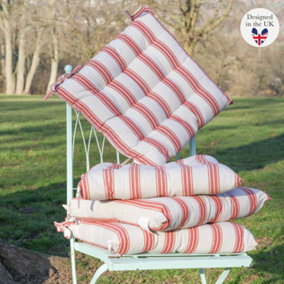 Set of 4 Country Style Red Striped Garden Seat Pads with Ties 40cm L x 40cm W
