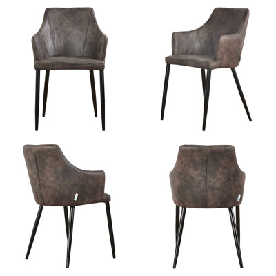 Set of 4 Dark Brown Zarah Modern Faux Leather Dining Chairs with Armrests and Black Metal Legs, Comfortable Accent Chair