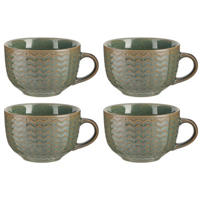 Set of 4 Dark Green Large Stoneware Cups Coffee Mugs