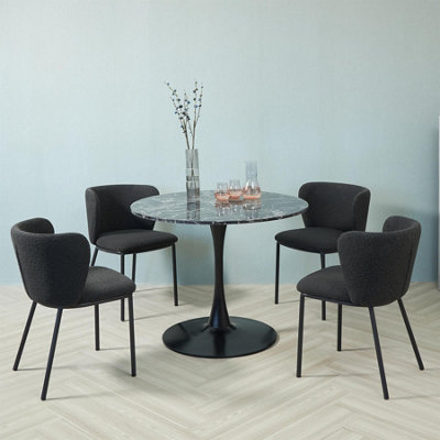 Set of 4 Dark Grey/ Black Boucle Dining Chairs - Bull Head Back - Black Metal Legs