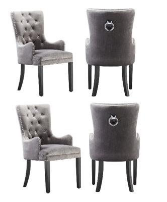Set of 4 Dark Grey Velvet Dining Chairs with Armrest, Ergonomic Scoop Knockerback & Button Tufted Wood Legs