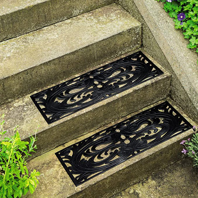 Set of 4 Decorative Rubber Step Mats - 75 x 25cm Wrought Iron Effect Indoor or Outdoor Weather Resistant Non Slip Mats