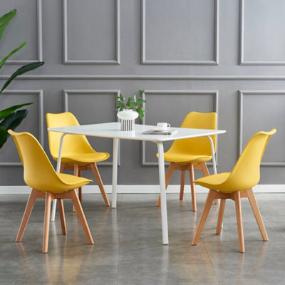 Set of 4 Dining Chairs with Solid Wooden Legs and Seat Cushion Pads in Yellow Eva