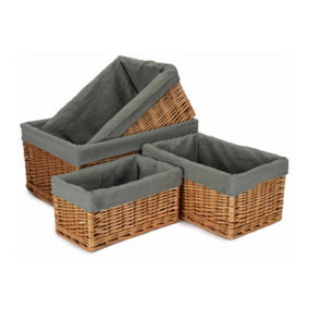 Set of 4 Double Steamed Grey Cotton Lined Willow Storage Baskets