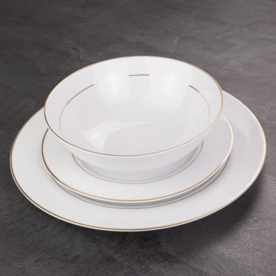 Set of 4 Durable White Ceramic Dinner Bowls with Dual Shiny Gold Plated ...