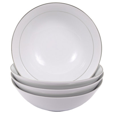 Set of 4 Durable White Ceramic Dinner Bowls with Dual Silver Metallic Rims