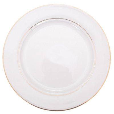 Set of 4 Durable White Ceramic Dinner Plates with Dual Shiny Gold Metallic Rims