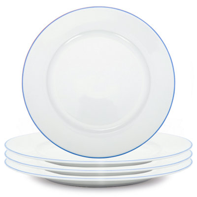 Set of 4 Durable White Ceramic Dinner Plates with Elegant Blue Rim