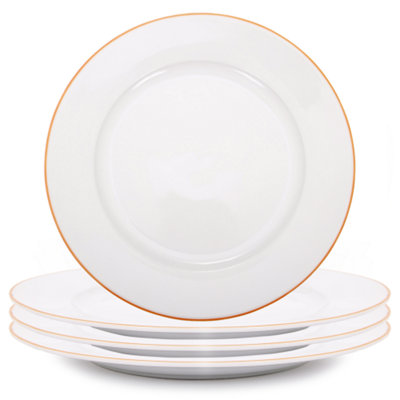 Set of 4 Durable White Ceramic Dinner Plates with Elegant Orange Rim ...