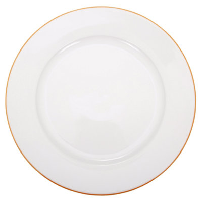 Set of 4 Durable White Ceramic Dinner Plates with Elegant Orange Rim