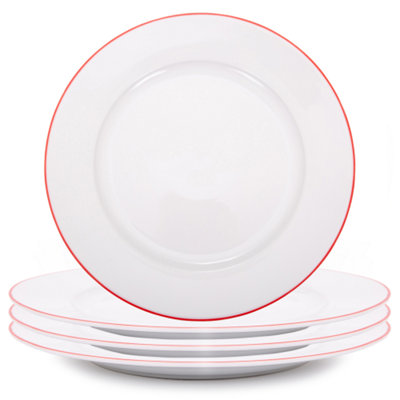 Set of Durable White Ceramic Dinner Plates with Elegant Red Rim