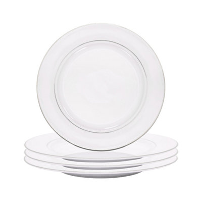 Set of 4 Durable White Ceramic Side Plates with Dual Shiny Silver ...