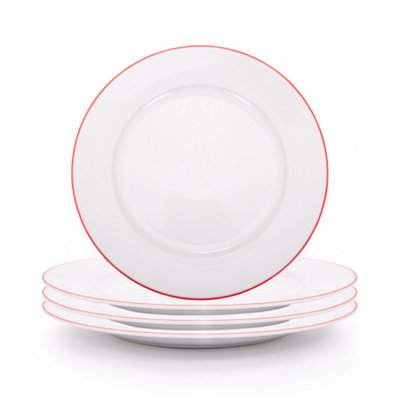 Set of 4 Durable White Ceramic Side Plates with Elegant Red Rim
