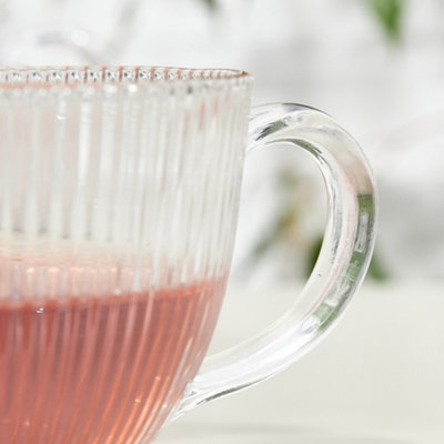 Set of 4 Embossed Footed Glass Coffee Mug Clear Tea Cups 400ml
