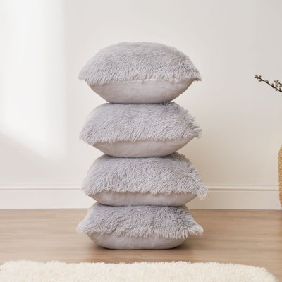 Set of 4 Fluffy Shaggy Filled Cushion with Cover Square