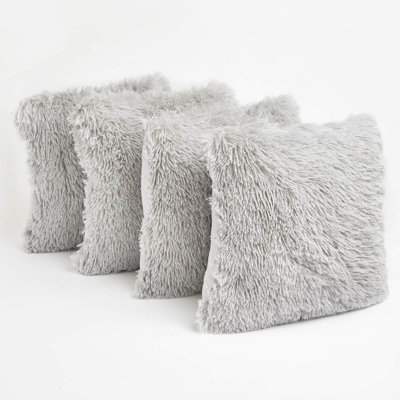 Set of 4 Fluffy Shaggy Filled Cushion with Cover Square