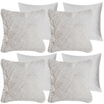 Set of 4 Fluffy Shaggy Filled Cushion with Cover Square