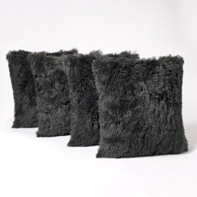 Set of 4 Fluffy Shaggy Filled Cushion with Cover Square