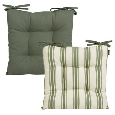 Set of 4 Forest Green Stripe Cotton Outdoor Garden Furniture Chair Seat Pads with Ties