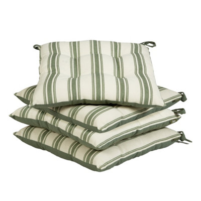 Set of 4 Forest Green Stripe Cotton Summer Outdoor Garden Furniture Chair Seat Pads with Ties