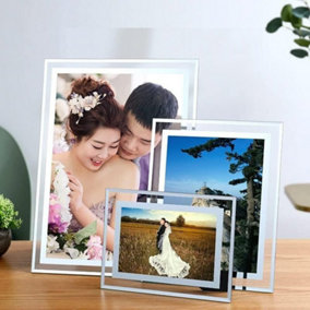 Set of 4 Glass Mirror Photo Frame Silver Picture Frames Clear Display Small