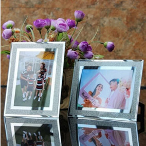 Set of 4 Glitter Mirror Photo Frame Silver Picture Frames Crystal Display M