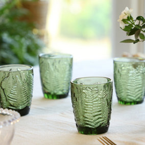Set of 4 Green Leaf Embossed Christmas Drinking Glass Tumblers