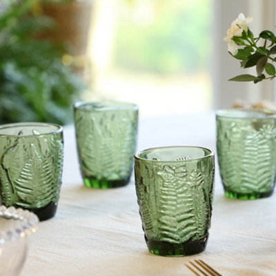 Set of 4 Green Leaf Embossed Drinking Glass Tumblers Wedding Decorations Ideas