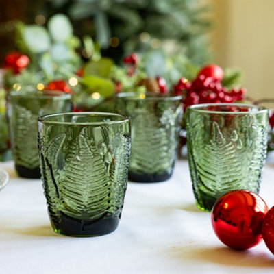 Set of 4 Green Leaf Embossed Drinking Glass Tumblers Wedding Decorations Ideas