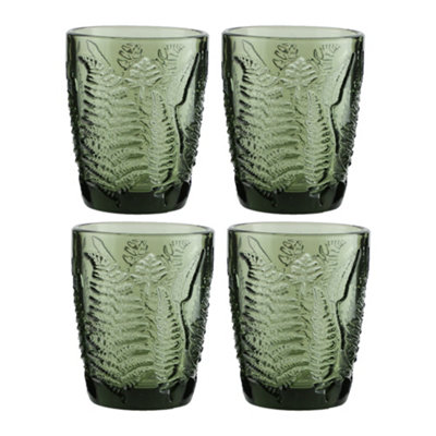 Set of 4 Green Leaf Embossed Drinking Glass Tumblers Wedding Decorations Ideas