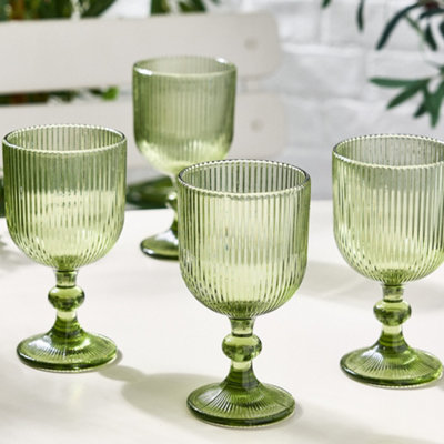 Set of 4 Green Ribbed Drinking Glasses Wine Goblets Wedding Decorations Ideas