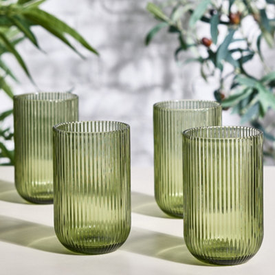 Set of 4 Green Ribbed Highball Tumbler Glasses Wedding Decorations Ideas