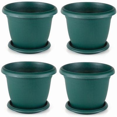 Set Of 4 Green Round Plastic Plant Pot Garden Patio Flower Planter Tub