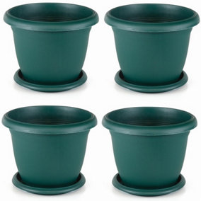 Set Of 4 Green Round Plastic Plant Pot Garden Patio Flower Planter Tub And Saucer Tray V505 23cm 3.7 Litre