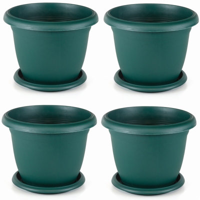 Set Of 4 Green Round Plastic Plant Pot Garden Patio Flower Planter