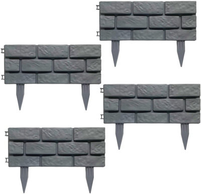 Set of 4 Grey Brick Effect Garden Edging Garden Lawn Borders Fence Flowerbed Grass Edging Decorative Fencing