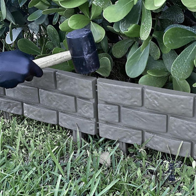 Set of 4 Grey Brick Effect Garden Edging Garden Lawn Borders Fence Flowerbed Grass Edging Decorative Fencing - 4