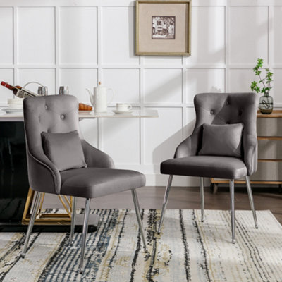 Set of 4 Grey Lux Velvet Upholstered Dining Chairs with Cushion Kitchen ...