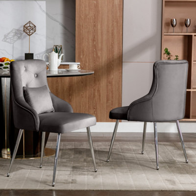 Set of 4 Grey Lux Velvet Upholstered Dining Chairs with Cushion Kitchen Chairs