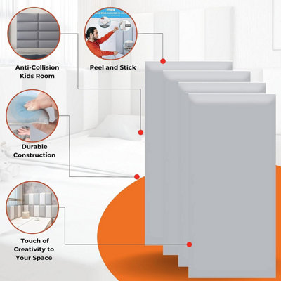 Set of 4 Grey Padded Wall Panels (60x25cm) - Peel and Stick Anti-Collision 3D Upholstered wall panels - Self Adhesive Wall Cushion