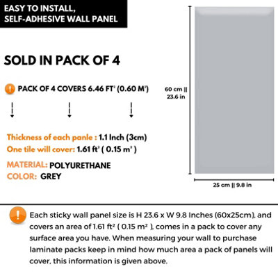 Set of 4 Grey Padded Wall Panels (60x25cm) - Peel and Stick Anti-Collision 3D Upholstered wall panels - Self Adhesive Wall Cushion - 3