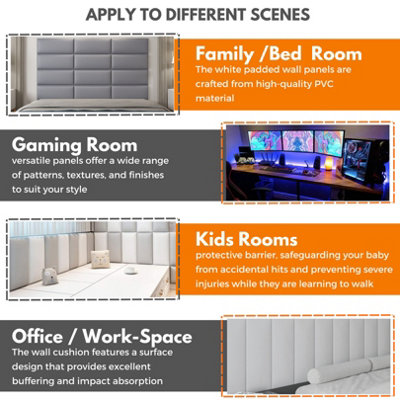 Set of 4 Grey Padded Wall Panels (60x25cm) - Peel and Stick Anti-Collision 3D Upholstered wall panels - Self Adhesive Wall Cushion - 5
