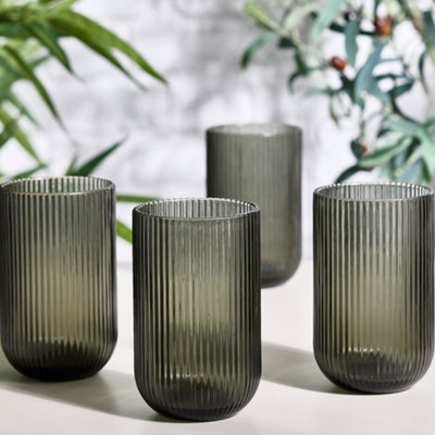 Set of 4 Grey Ribbed Tall Tumbler Whisky Glasses Wedding Decorations Ideas