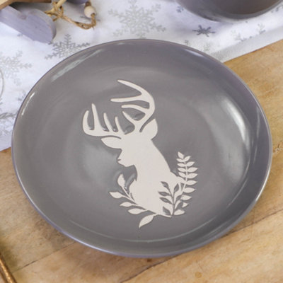 Set of 4 Grey Stag Head Dinner Plate Side Plates
