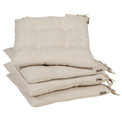 Set of 4 Grey Stripe Cotton Summer Outdoor Garden Furniture Chair Seat Pads with Ties